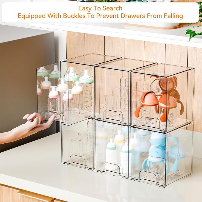 Yieach 7.5" High Stackable Storage Bins,2 Pack Bottle Station and Baby Bottle Storage Organizer for Countertop,Clear Acrylic Drawers for Pacifier,Breast Pump Parts,Storage Containers,Makeup and Lotion