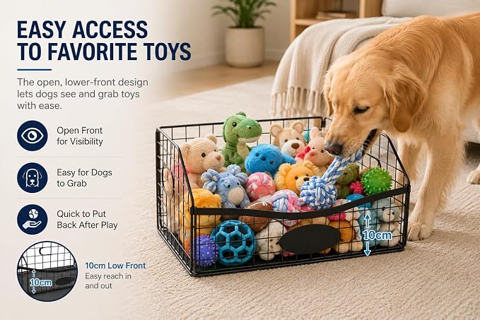 Metal Dog Toy Basket, Chew-Resistant Dog Toy Bin with Handles, Black | Sturdy Metal Storage with Easy-Access Design for Dogs, 16.7 x 10.9 x 8.8 in