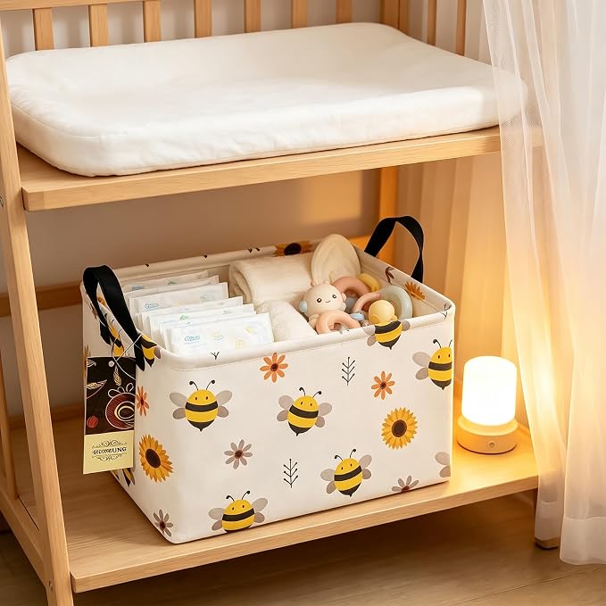 Rectangle Foldable Storage Basket Handles For Home, Bee | Waterproof canvas material, reinforced handles, perfect for shelf use, organizes clothes, daily items and pet supplies