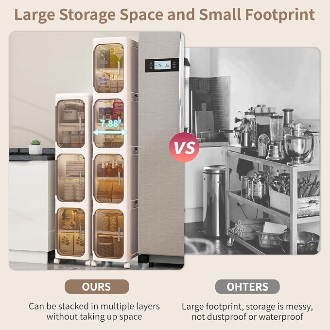 3 Tier Slim Bathroom Storage Cabinet, Foldable and Movable, Beige | Tools Free, ABS and PET, Magnetic Clear Door, Adjustable Shelves, Lockable Wheels, Water Resistant, For Narrow Space