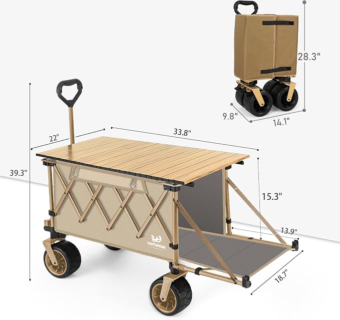 Whitsunday Collapsible Folding Wagon with Table,Heavy Duty Utility Beach Wagons with Opened Tailgate and All-Terrain Wheels for Camping,Garden,Sports Khaki