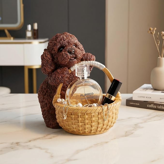 Cute Red Poodle Candy Bowl, Resin Dog Figurine Key Bowl for Entryway Table, Desktop Storage Basket Organizer for Desk, Unique Poodle Lover Gift
