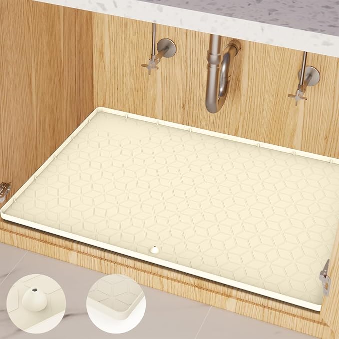 Under Sink Mat 10"x16" Under Sink Mats for Kitchen, Silicone Waterproof Under Sink Liner, Sink Cabinet Organizer Tray with Drain Hole