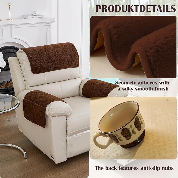 Sherpa Fleece Armrest and Headrest Covers with 2 Pockets | Soft fleece with nonslip silicone backing helps protect leather and fabric furniture from pet scratches machine washable