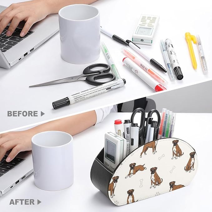 TV Remote Control Holder Boxer Dog Pet Desktop Storage Caddy Box | Pu Leather Makeup Brush Organizer with 5 Compartments, Boxer Dog Pattern Dog Lover Pet, Fit for Media Player, Office Supplies