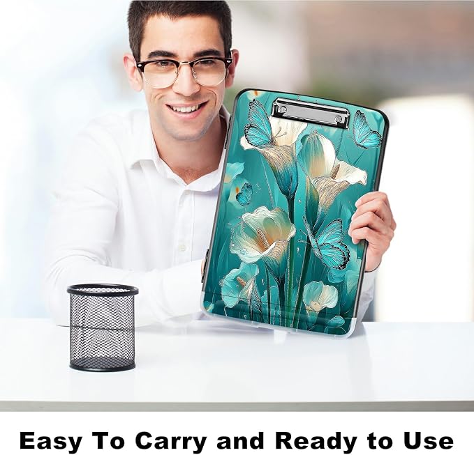 A4 Clipboard with Storage Pen Holder, Clipboards Organizer Nursing Clipboard Foldable File Folder Plastic Clipboard Folio Clip Board for Office Work Classroom Doctor, Blue Lily
