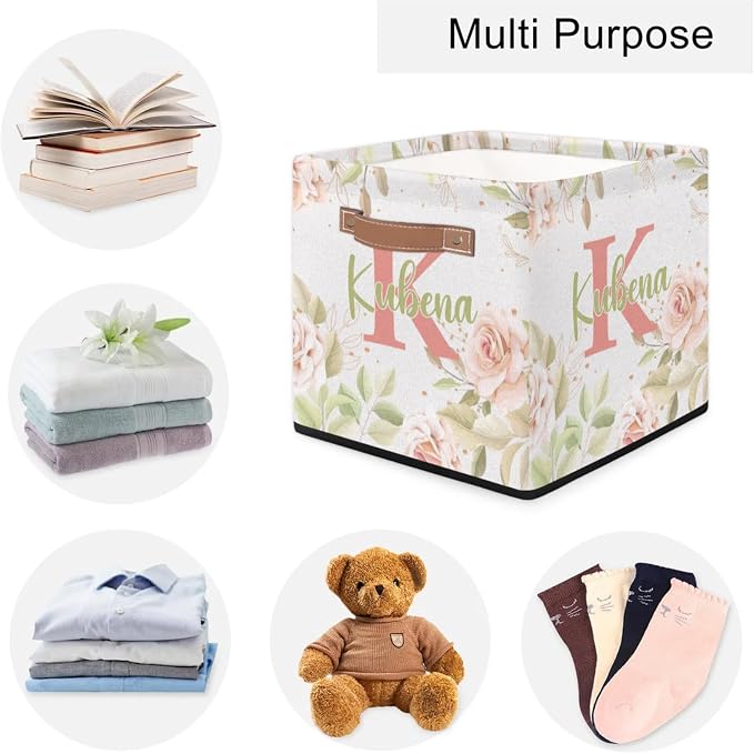 Personalized Name-Initial Pink Flower Storage Baskets for Women Girls, Custom Portable Square Storage Bins with Handles Foldable Organizer for Clothes, Toys, Blanket, Towel,Pet 13”