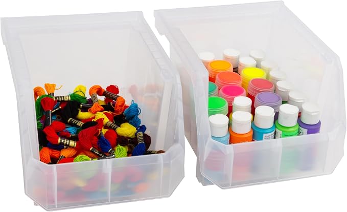 Medium-Tall Stackable Plastic Storage Bins, 4-Pack, Clear | Open-Front Stackable Bins For Garage, Pantry, Closet & Office, 7"L X 11"W X 8"H, Nests When Empty, Durable Plastic