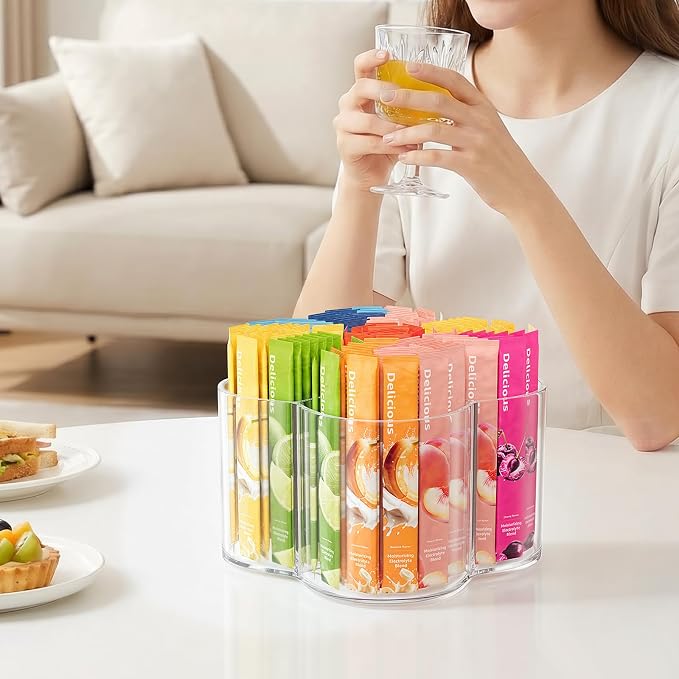 Drink Packet Organizer for Powdered Drink Mix, Divided Rotating Lazy Susan | Lazy Susan Turntable Organizer for Powder Packet, Clear Turntable Organizer Tray for Water Flavor Packets, Powder Mixes