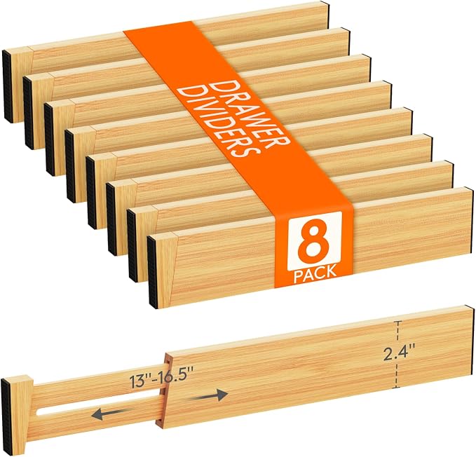 Lifewit 2.4" Kitchen Drawer Dividers, Adjustable Bamboo Drawer Organizers | 8 Pack 13"-16.5" Expandable Drawer Separator for Clothes, Utensils, Dresser, Cabinet, Closet, Nursery Organization & Storage