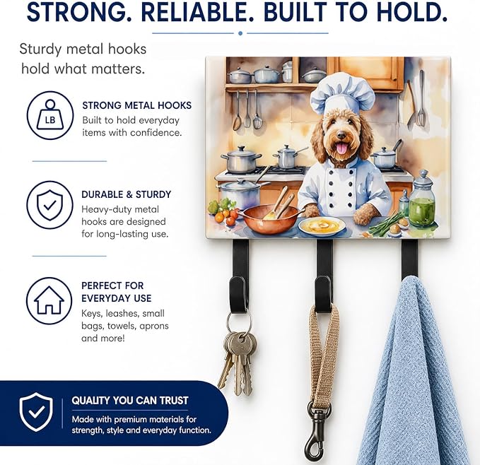 Caroline's Treasures Labradoodle The Chef Leash or Key Holder Wall Hooks, Key Hooks Holder, Coat Rack Wall Mount, Coat Hooks, Hooks for Hanging Keys, Towels, Aprons, Leashes | Labradoodle The Chef artwork on ceramic tile with three steel hooks for keys...