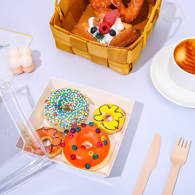 Whaline 50Pcs 4.7 x 4.3 In Small Charcuterie Boxes with Clear Lids White Mini Dessert Boxes with Forks and Knives Disposable Food Containers for Wedding Birthday Sandwich Cookie Sushi Cake Slice Fruit