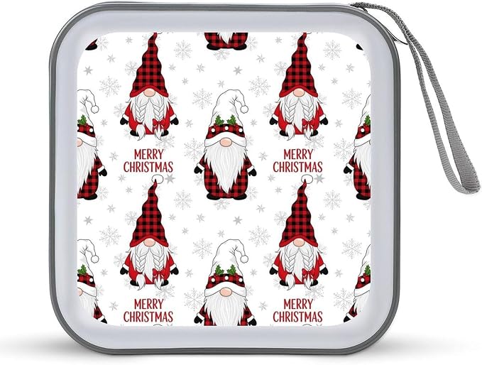 40-Disc CD/DVD Organizer Wallet Silver Snow Gnome On Rustic Grey Wood Plank Winter Christmas, Heavy-Duty Hard Plastic Binder, Portable Storage Case with Carry Strap for Car