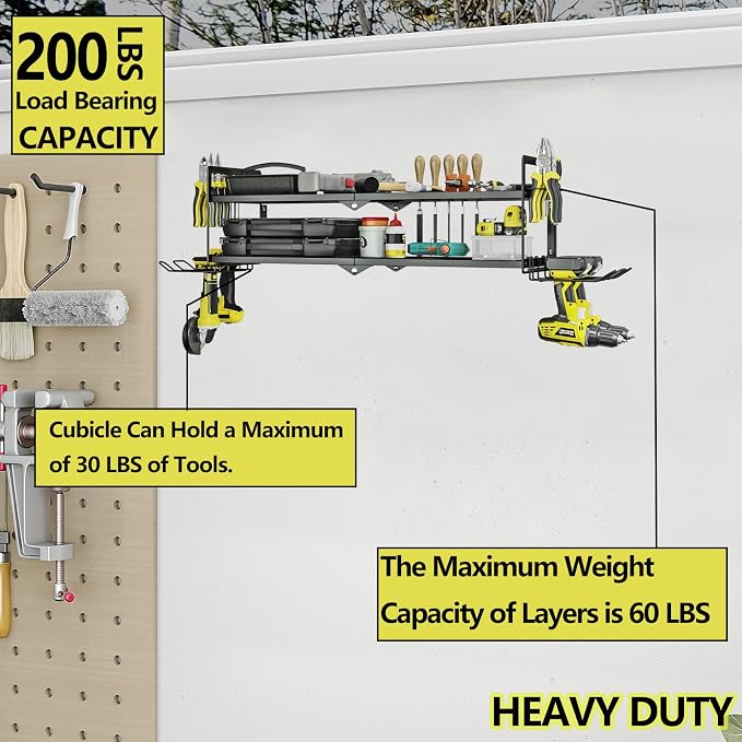 AZERPIAN Power Tool Organizer Heavy Duty Wall Mount Drill Tools Holder | Garage Wall Mount Tool Rack, Workshop Metal Cordless Tool Shelf, 2 Layers Utility Storage Racks for 4 Drill Holders