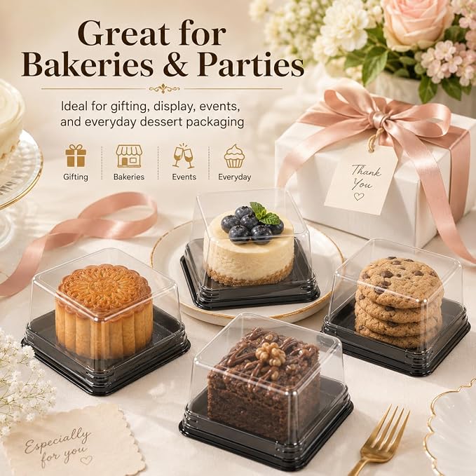 DOITOOL 100 Pcs Mooncake Box 2.75 Inch Clear Individual Cupcake Containers | Square, plastic mooncake packaging, mini cupcake box with lids for flan, macaron, muffin, dessert, cookies, small treats