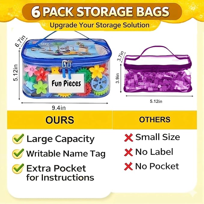 6 Pack Clear Toy Storage Bags, Kids Toy Organizer with Zipper, Waterproof PVC, Large Capacity for Puzzles, Blocks & Board Games, Easy Sorting with Labels