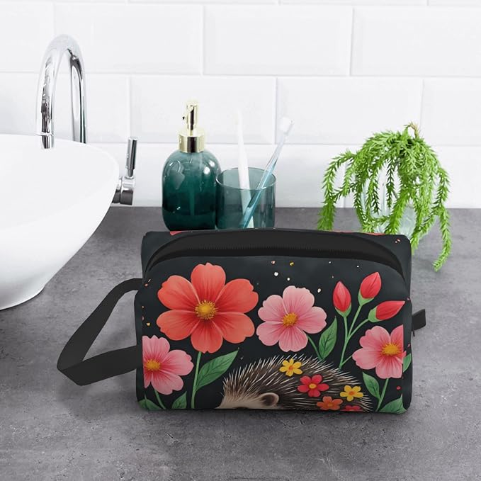 flower hedgehog Makeup Bag - Durable 600D Oxford Fabric Travel Cosmetic Bag, Shockproof Foam Padded Toiletry Organizer for Gym & Daily Use 10x6.2x4.9 Inch