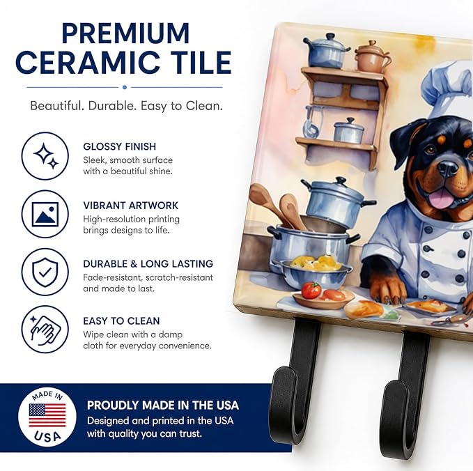 Caroline's Treasures Rottweiler The Chef Leash or Key Holder Wall Hooks, Key Hooks Holder, Coat Rack Wall Mount, Coat Hooks, Hooks for Hanging Keys, Towels, Aprons, Leashes | Rottweiler The Chef artwork on ceramic tile with three steel hooks for keys, ...