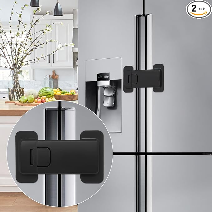 French Fridge Locks for Kids, 2 Pack Baby Safety Refrigerator Lock, Pet/Child Proof Freezer Latch, Cabinet Cupboard Lock with 3M Adhesive, Tool-Free, Drill-Free Install (Matte Black)