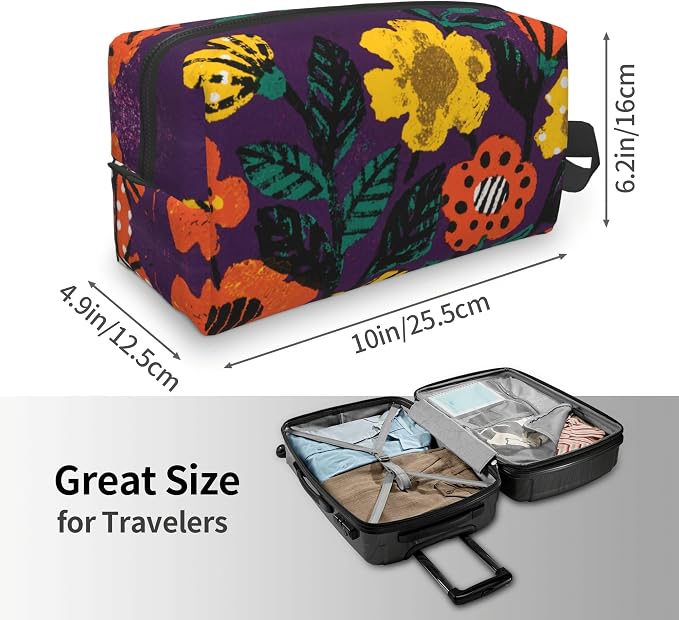 Purple Whimsical Florals Makeup Bag - Durable 600D Oxford Fabric Travel Cosmetic Bag, Shockproof Foam Padded Toiletry Organizer for Gym & Daily Use 10x6.2x4.9 Inch