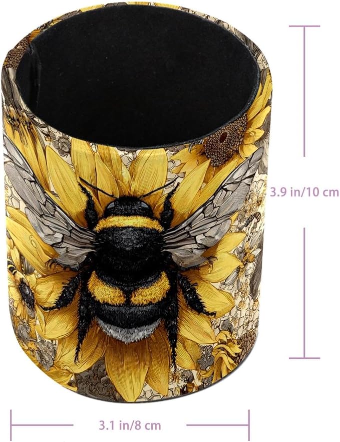 Faux Leather Pen Holder for Desk, Pencil Organizer Bees and Sunflowers Pen Cup Desk Decor Makeup Brush Holder Storage for Office Home