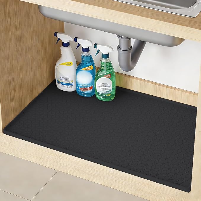 TRZZ Waterproof Under Sink Mat, 31"x22", Drip Tray Shelf Liner, Black | Silicone, Cabinet Protector, Home Organizer, for Kitchen, Bathroom, Multipurpose, Easy Clean, Leak Proof, Organizes Cabinets