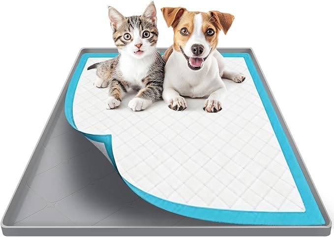 Silicone Dog Pee Pad Holder for 34 x 22 in Pads, Leakproof, Non-Slip | Raised edges, waterproof silicone, easy to clean, portable roll-up design, fits disposable and reusable pads