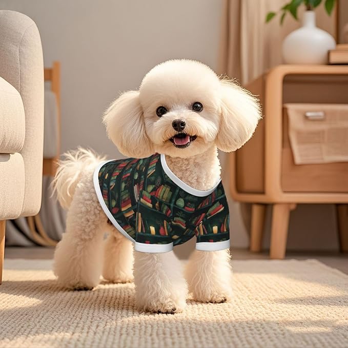 Bookshelf Green Books Dog T Shirt Dogs Cats Cotton Shirts Short Sleeve Clothes Soft Stretchy Pet Costume Doggy Outfit Pullover Jumper Puppy Sweatshirt Large