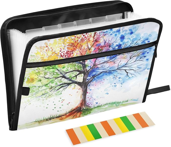 13 Pocket Zipper Expanding File Folder A4 Colorful Tree of Life | Accordion File Organizer with Front Pouch A4 Letter Size Portable Folders for Documents Receipt School Office Supplies