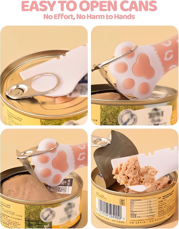 5 PCS Cat Food Can Covers Lids Set, Silicone Pet Food Can Lids with Multi-Function Cat Food Spoon and Opener, Cat Bar Squeezer, Stainless Steel Wet Food Spoon for Cats and Dogs (Pink) (Flower Pattern)