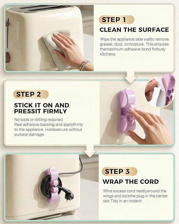 6PCS Cord Organizer for Appliances, Upgraded Kitchen Appliance Cord Organizer Stick On Appliance Wire Organizer Wire Holder for Kitchen Appliances Mixers, Coffee Maker, Pressure Cooker & Microwaves