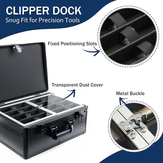 MoyRetty Professional Barber Case with Cap Clear dustproof, 16.5"*12.4"*7" | arber Suitcase 6 Clipper Slots & 8 Shear Holders, Portable Aluminum Organizer for Hair Stylists & Pet Groomers