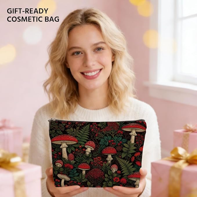 JIUWEIHU Vintage Red Mushroom Makeup Bag Forest Cottagecore Cosmetic Bag | Mushroom Gifts Travel Toiletry Bags for Women Girls Friends Sisters Wife Christmas Friendship Graduation Birthday Gifts