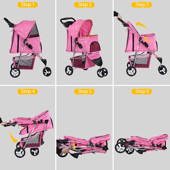 3 Wheels Dog Stroller Folding Pet Strolling Cart for Small Medium Cats Puppies Portable Jogger Travel Camping Puppy Carrier with Storage Basket Cup Holder, Pink