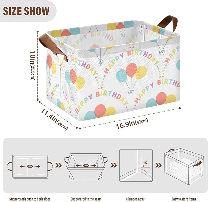 Happy Birthday Quoted Balloon Storage Basket Foldable Cube Storage Bins with Handles&Label Collapsible Organizer Box Bin Large Rectangle Decorative Baskets for Shelves Home Living Room Closet