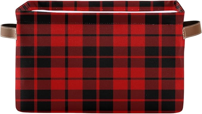 AUUXVA Storage Basket Red Black Christmas Buffalo Plaid Check Storage Cube Box Durable Canvas Collapsible Toy Basket Organizer Bin with Handles for Shelf Closet Bedroom Home Office