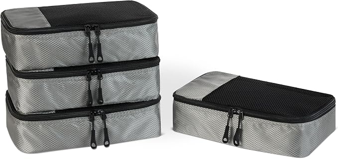 Amazon Essentials 4-Piece Packing Cubes Travel Accessories Set, Space-Saving Luggage Organizer with Double Zipper, Mesh Top, Small, Gray (Previously Amazon Basics)