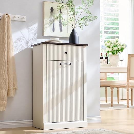 IFGET Tilt-Out Trash Can Cabinet, Laundry Hamper Cabinet, Antique White