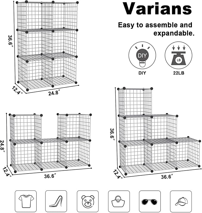 C&AHOME Wire Cube Storage, 6 - Cube Organizer Metal C Grids, Silver Gray | Modular Shelves Units, Closet Organizer, Storage Bins Shelving, Ideal for Home, Office, Living Room