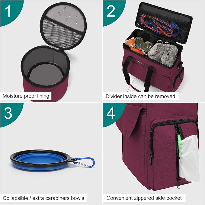 Modoker Weekend Dog Travel Bag with 2 Food Bags, 2 Bowls and Mat,Rose Red | Dog Travel Accessories Organizer for Camping and Road Trips with Roomy Storage, Multiple Pockets and Water-Resistant Oxford
