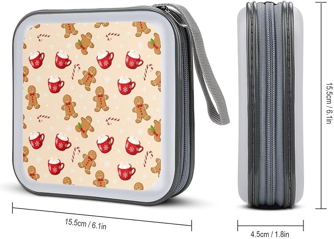 Heavy-Duty DVD Storage Wallet Christmas Gingerbread Man Candy Cane, Holds 40 Discs, Hard Shell Binder with Carry Handle, Portable Organizer for Movies Music