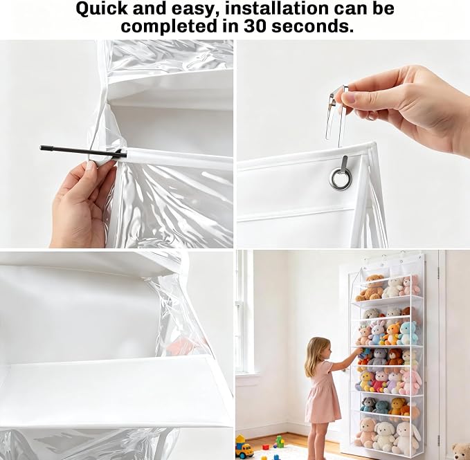 Heavy-Duty Plush Toy Storage Rack, 4-Tier Transparent Extra-Large Door-Mounted Storage Rack with Deep Pockets, a Great Helper for Baby Storage, Children's Plush Toy Storage Bag, White