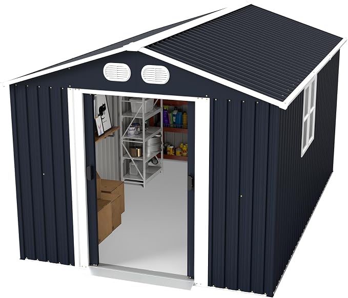 8x12 FT Outdoor Storage Shed, Metal Storage Shed with Lockable Door & Air Vents, Heavy-Duty Storage Tool Shed, Backyard Shed for Mowers, Bikes, Pool Gear, Dark Grey