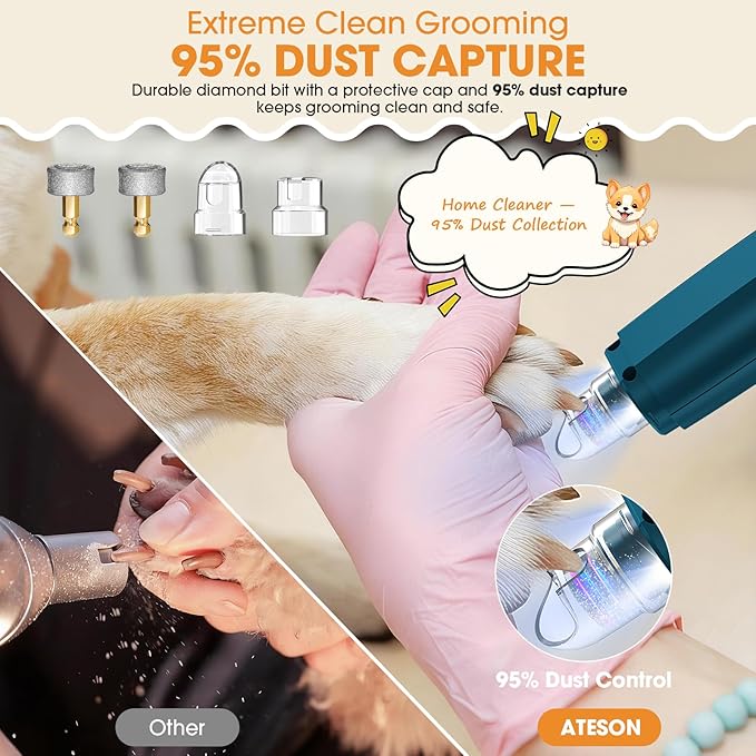 ATESON Dog Nail Grinder with LED Light, 6-Speed Quiet Electric Pet Nail Trimmers, Forward/Reverse, Powerful No-Stall Motor, 2000mAh Battery 8H Runtime, 95% Dust Capture for Dogs & Cats