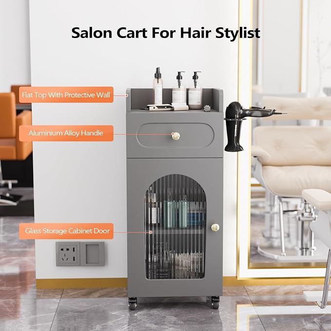 Salon Cart with Wheels & Adjustable Shelf, 3-Tier Rolling Beauty Trolley for Hair Stylist, Barber, Esthetician, Storage Cabinet w/Glass Door & Hair Dryer Holder, Mobile Station for Spa, Tattoo (Gray)