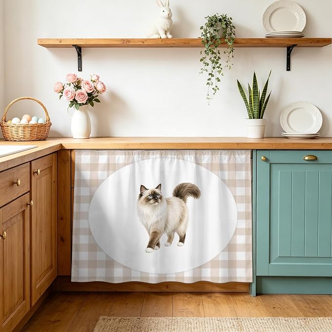 Ragdoll Cat Sink Skirt 11"Wx13"L,Dustproof Under Sink Curtain with Self Adhesive Tape,Modern Linen Plaid Farmhouse Pet Cats Cabinet Curtain Cover for Bathroom Vanity,RV,Kitchen Cabinet Storage Shelf