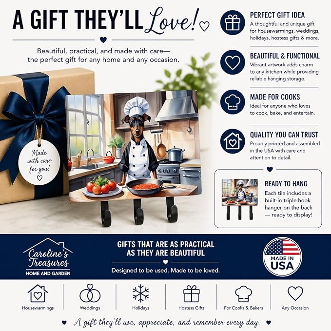 Caroline's Treasures Manchester Terrier The Chef Leash or Key Holder Wall Hooks, Key Hooks Holder, Coat Rack Wall Mount, Coat Hooks, Hooks for Hanging Keys, Towels, Aprons, Leashes | Manchester Terrier The Chef artwork on ceramic tile with three steel ...
