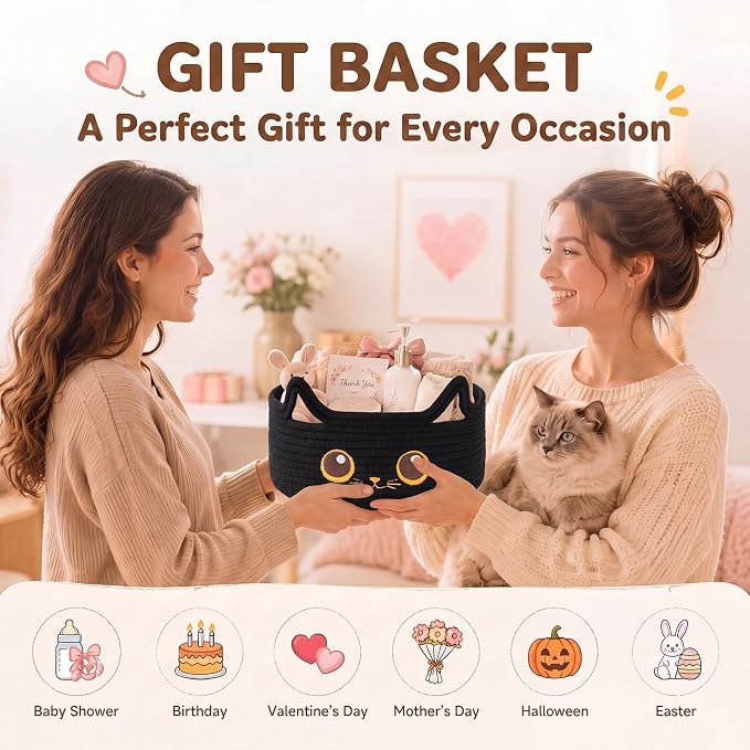 Small Cotton Rope Halloween Basket, Black Cat Toy Basket for Living Room | Cute Decorative Dog Toy basket, Toy Bin for Baby, Pet, Gift Basket for Baby Shower , 11"×11"×4.7", Black