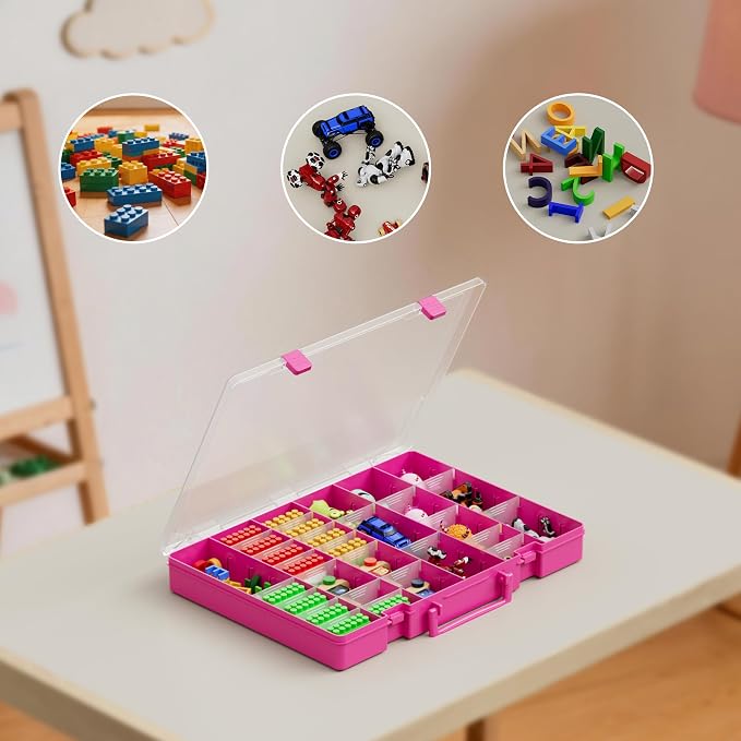 48 Compartment Clear Toy Storage Organizer, Adjustable Dividers, Parts Case | Jewelry Beads Craft Hardware Tackle Box, Built In Handle, Secure Latch, Sturdy See Through Design, Display Shelf Collectibles