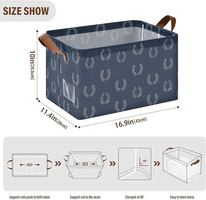 Navy Blue Bg Simple Horseshoe Storage Basket Foldable Cube Storage Bins with Handles&Label Waterproof Collapsible Organizer Box Bin Large Rectangle Decorative Baskets for Shelves Home Room Laundry
